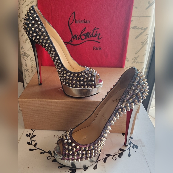 Christian Louboutin Shoes - CHRISTIAN LOUBOUTIN Metallic Lame Lady Peep Spike Platform Pumps Size 37